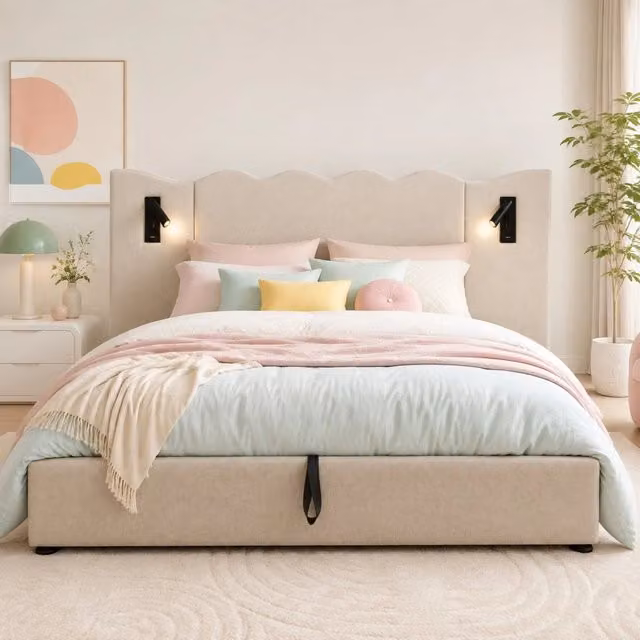 Letto matrimoniale imbottito 180x200 cm in lino beige con lampada da lettura e USB-C