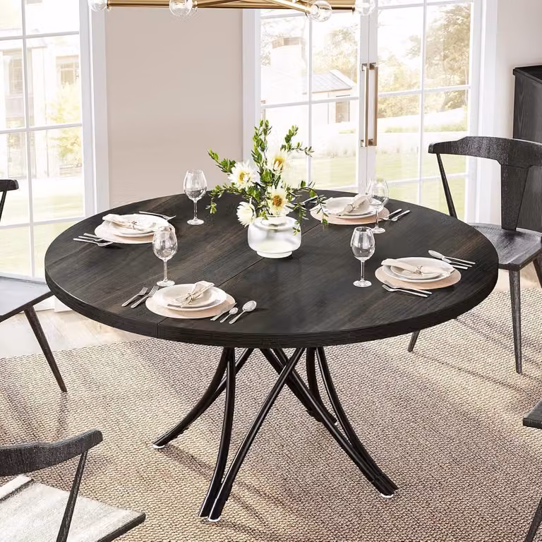 Tavolo da pranzo rotondo per 4-6 persone, diametro 120 cm, colore nero, gambe a croce, dimensioni 120x120x75 cm