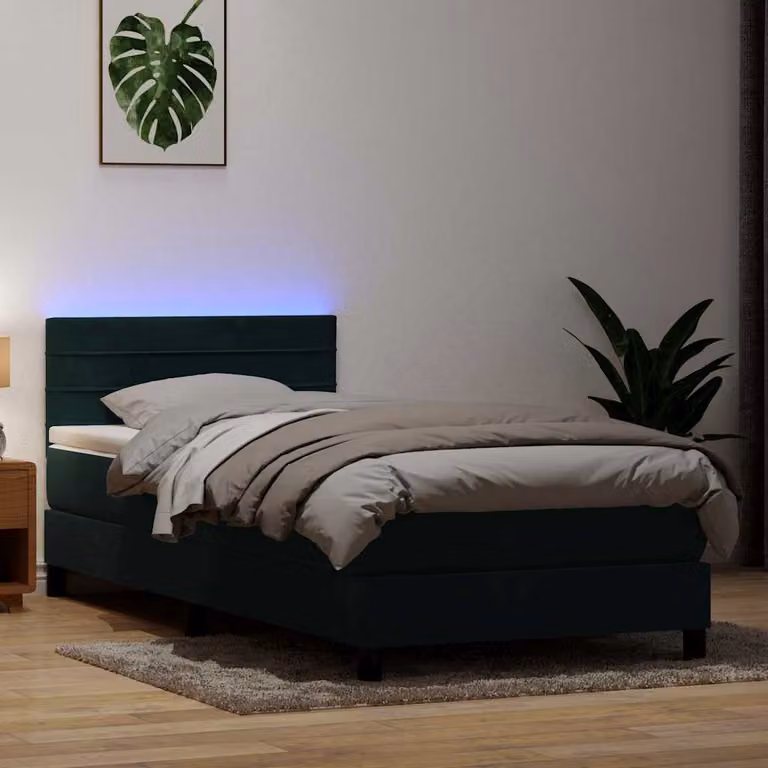 Letto a Molle con Materasso Ibrido vidaXL in Velluto Verde Scuro con Illuminazione LED e Porte USB L: 220 cm, P: 80 cm
