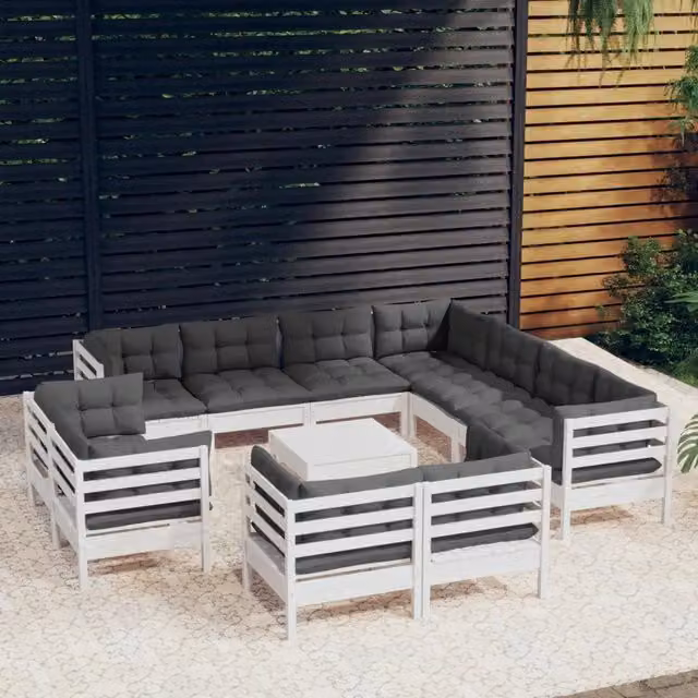 Set di divani da giardino a forma di U vidaXL in legno di pino con cuscini bianchi e antracite