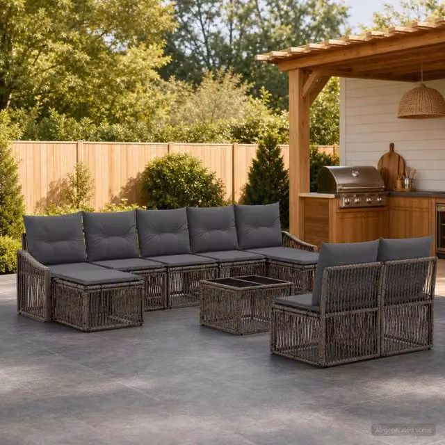 Set Divano da Giardino vidaXL 10 Pezzi Grigio con Poltrone, Tavolino e Cuscini in Polyrattan e Acciaio
