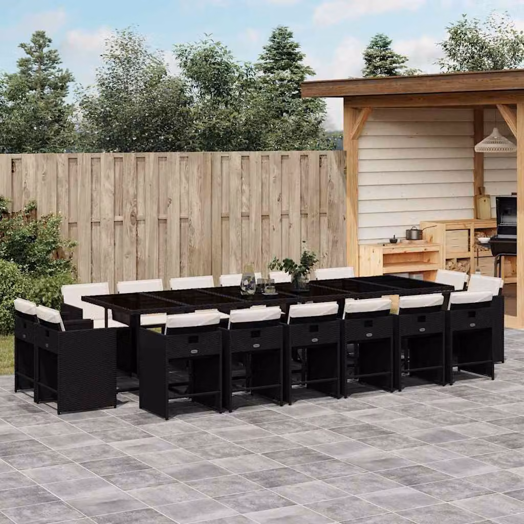 vidaXL Set da Pranzo da Giardino 17 pz in Polyrattan con Cuscini e Tavolo in Vetro Nero e Bianco – 1