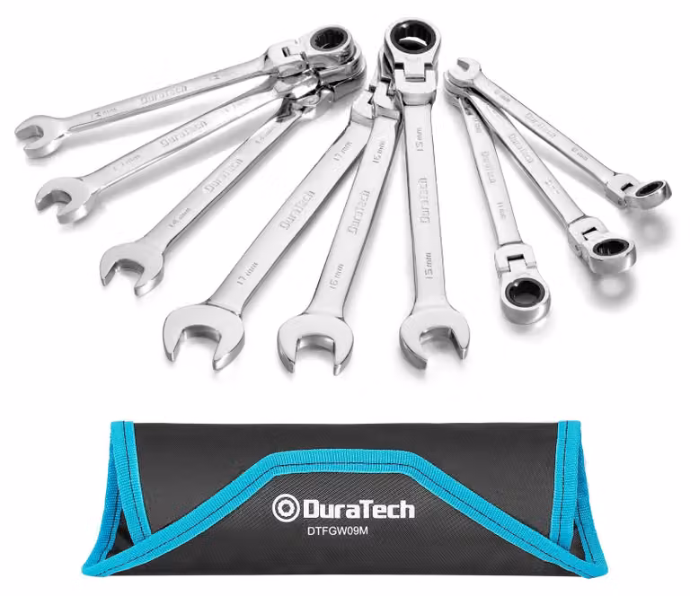 Set di chiavi a bussola con testa flessibile, 9 pezzi, 72 denti, sistema metrico da 8 a 17 mm