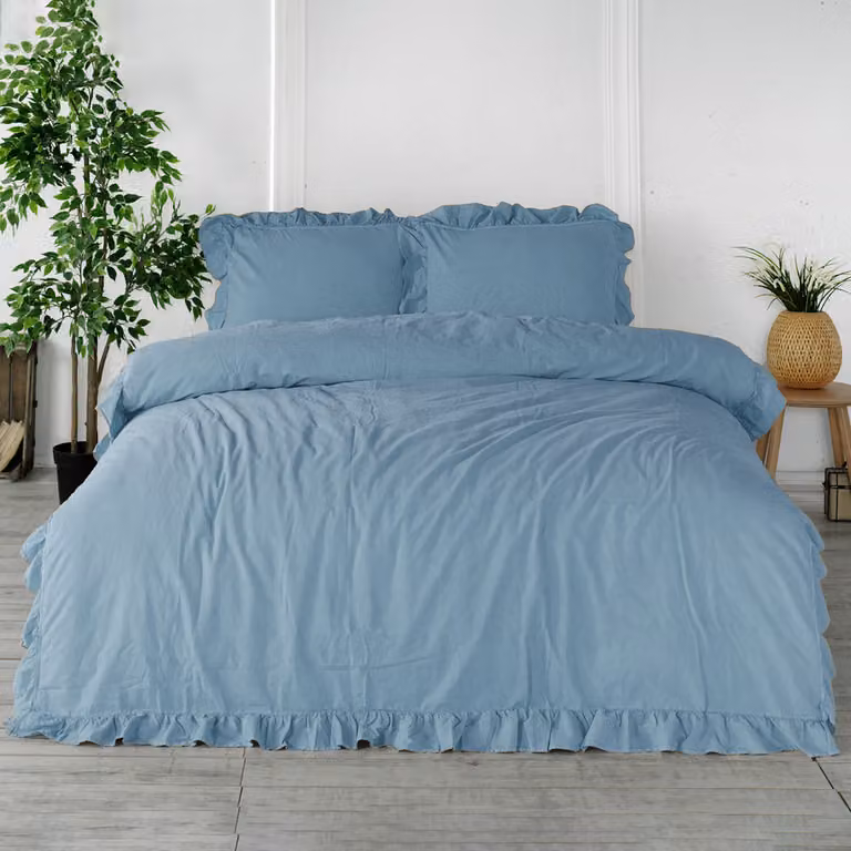 Copripiumino Limasso in cotone 200x220 blu con volant tinta unita scatola Stonewashed Blu