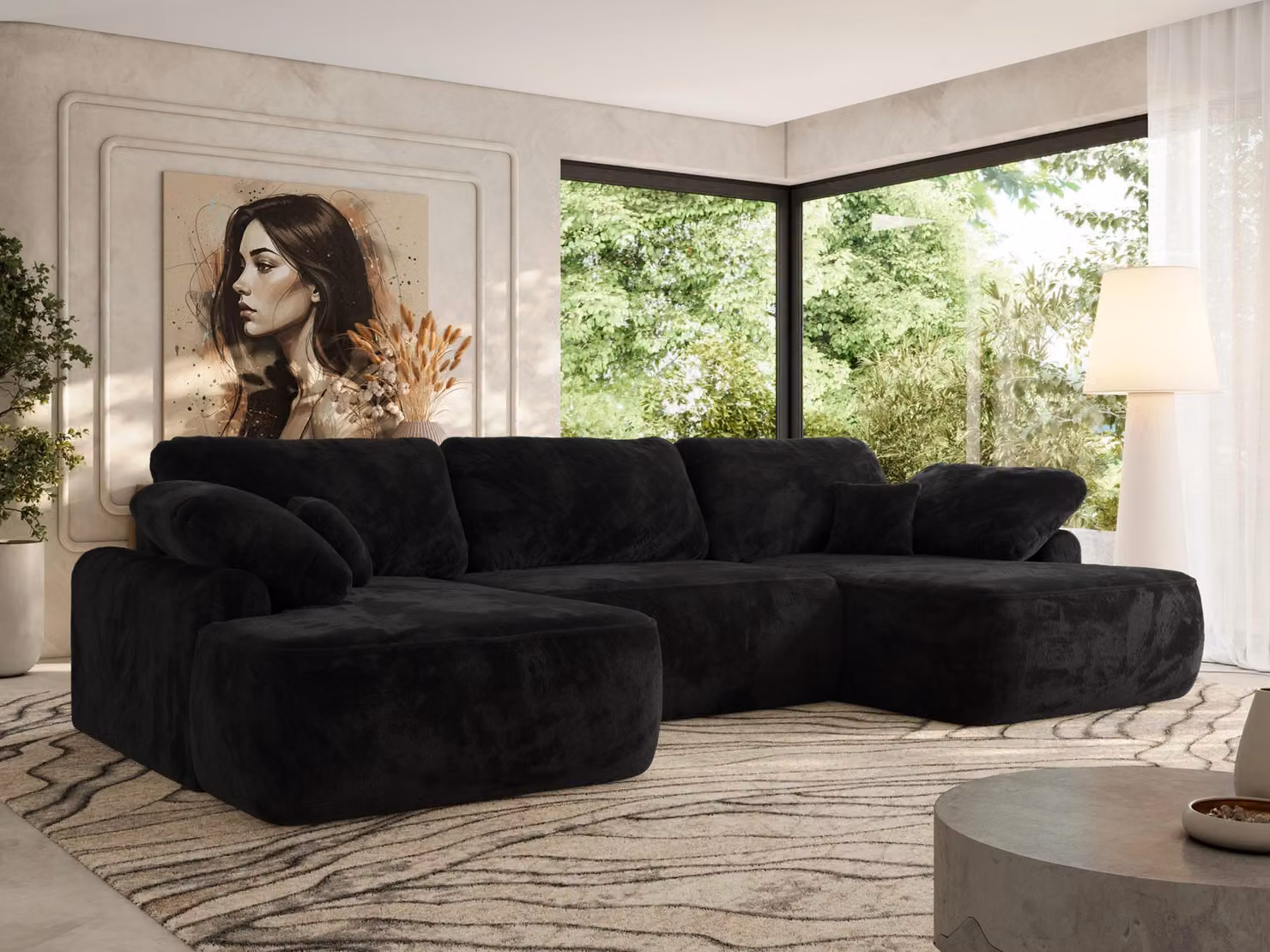 MKS MEBLE Divano angolare a U, con molle a onda, divano angolare con funzione letto, box letto e cuscini sciolti, 370x187x100cm - CUBO U - nero felpato
