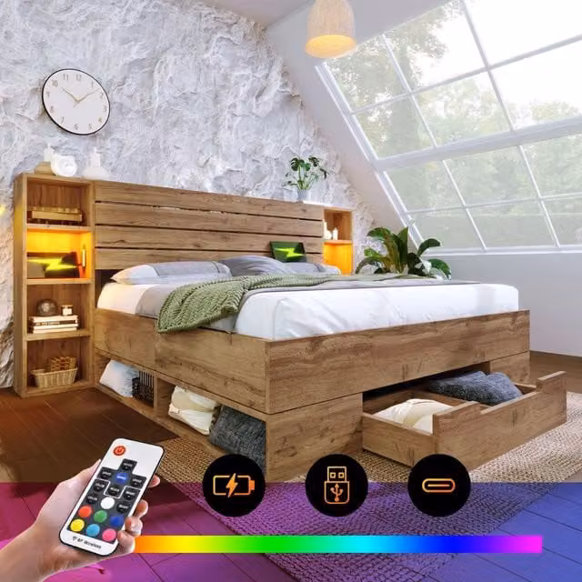 Letto matrimoniale 180×200 cm con LED regolabile, USB e Type-C, mensole, 2 cassetti, senza materasso, rovere