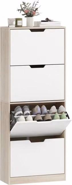 Scarpiera Salvaspazio Minimal in Legno Bianco con 4 Cassetti Basculanti L: 62.5 cm, P: 26 cm, H: 156 cm