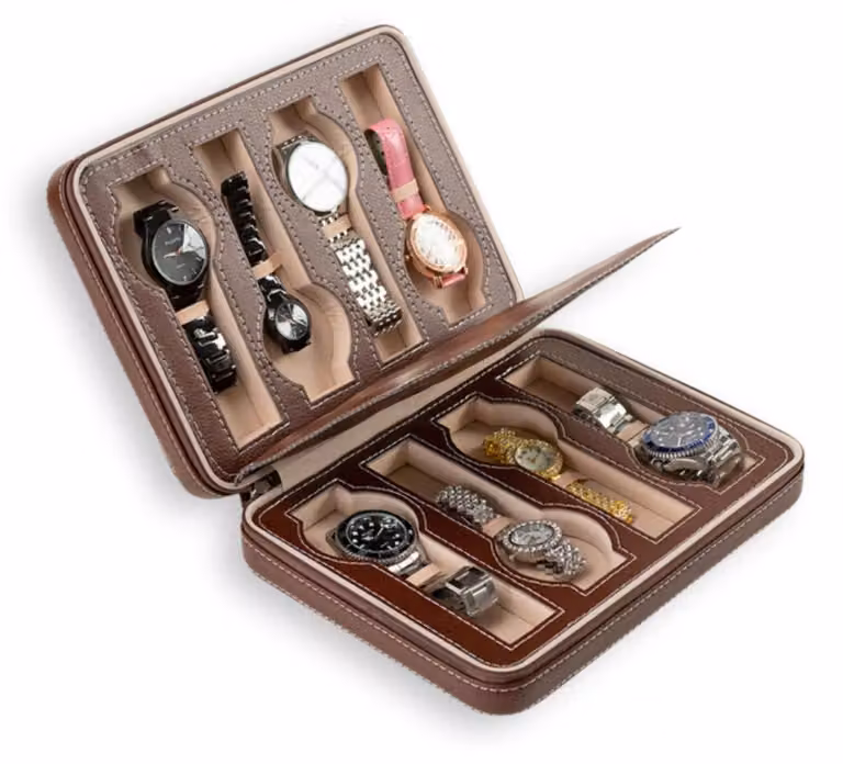 Scatola per la conservazione degli orologi, con 8 scomparti, ideale per il trasporto e la conservazione. Perfetta anche come portaoggetti. Adatta per orologi e altri piccoli oggetti