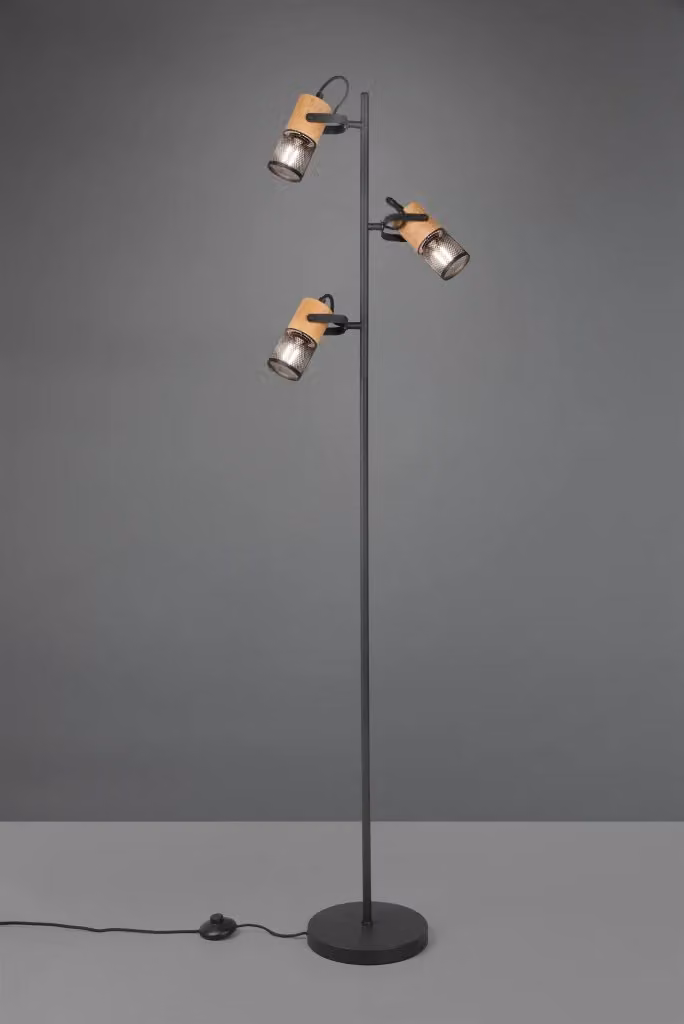 Lampada Piantana Trio Leuchten con 3 Luci a Cilindro in Metallo Nero e Legno, Altezza: 150 cm – 2
