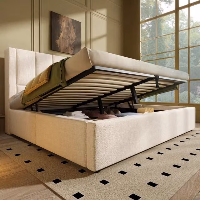 Letto matrimoniale MODFU imbottito in lino beige con contenitore, porta USB e mensola laterale, L/P: 160 x 200 cm