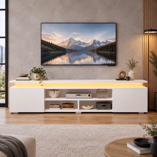 Mobile TV 180x35x42 cm in MDF bianco con LED RGB; controllo app e vocale