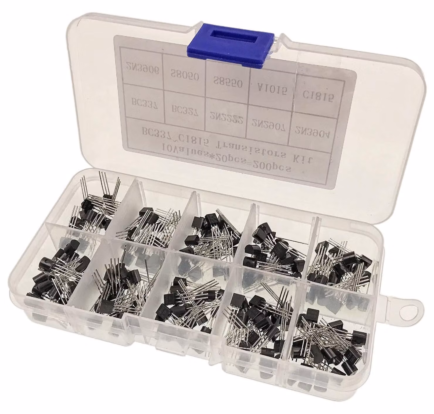 Assortimento di transistor bipolari: 200 pezzi, 10 valori, NPN/PNP, in package TO-92