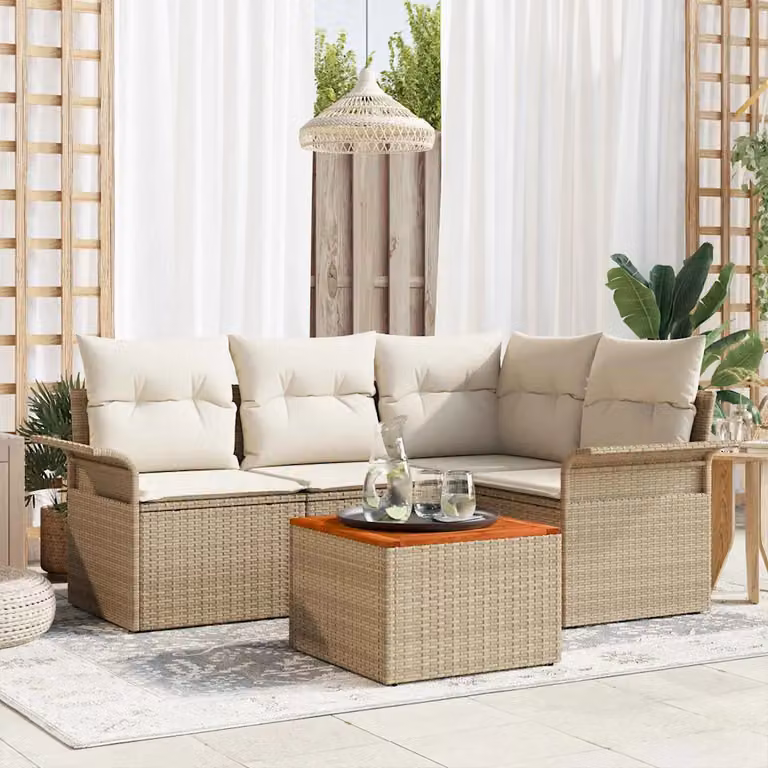 Set Divano da Giardino vidaXL 5 Pezzi a Forma di L in Polyrattan Beige con Cuscini e Tavolino da Esterno