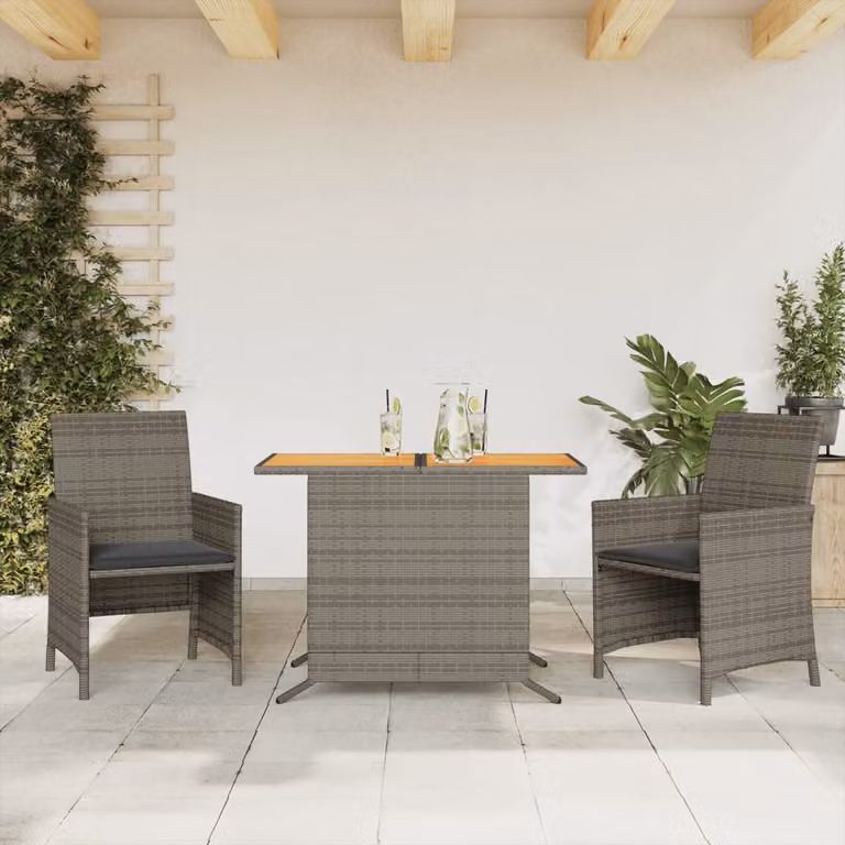 Set da bistrò vidaXL in polyrattan e legno di acacia con cuscini grigi per giardino e balcone