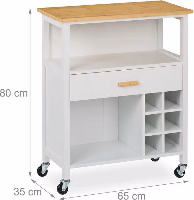 Carrello da cucina portavivande 80 x 65 x 35 cm con pratico cassetto e portabottiglie in MDF bianco 13_0016711