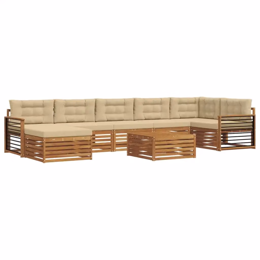 Set di divani da esterno vidaXL a forma di L in legno di acacia con tavolino e pouf, colore beige e marrone – 2