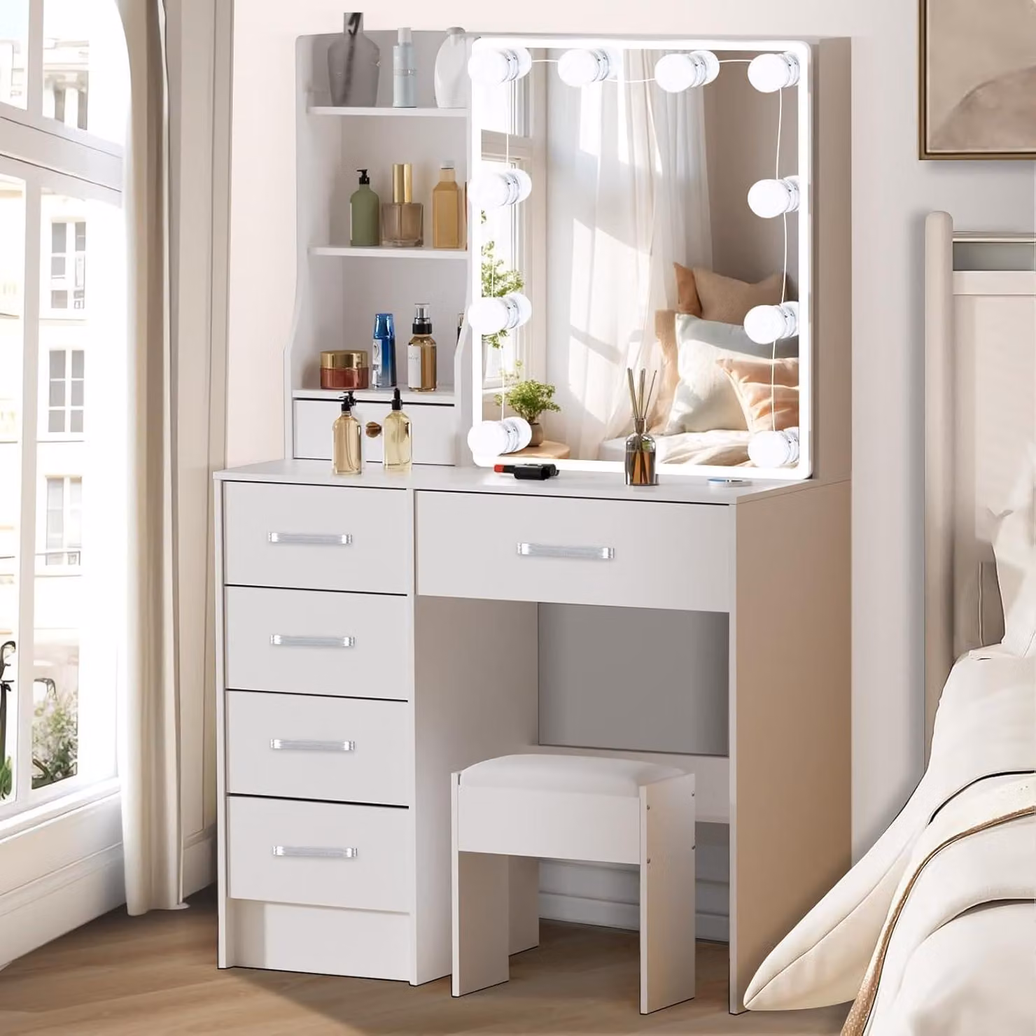 Tavolino da toilette con illuminazione a LED, sgabello, 10 lampadine