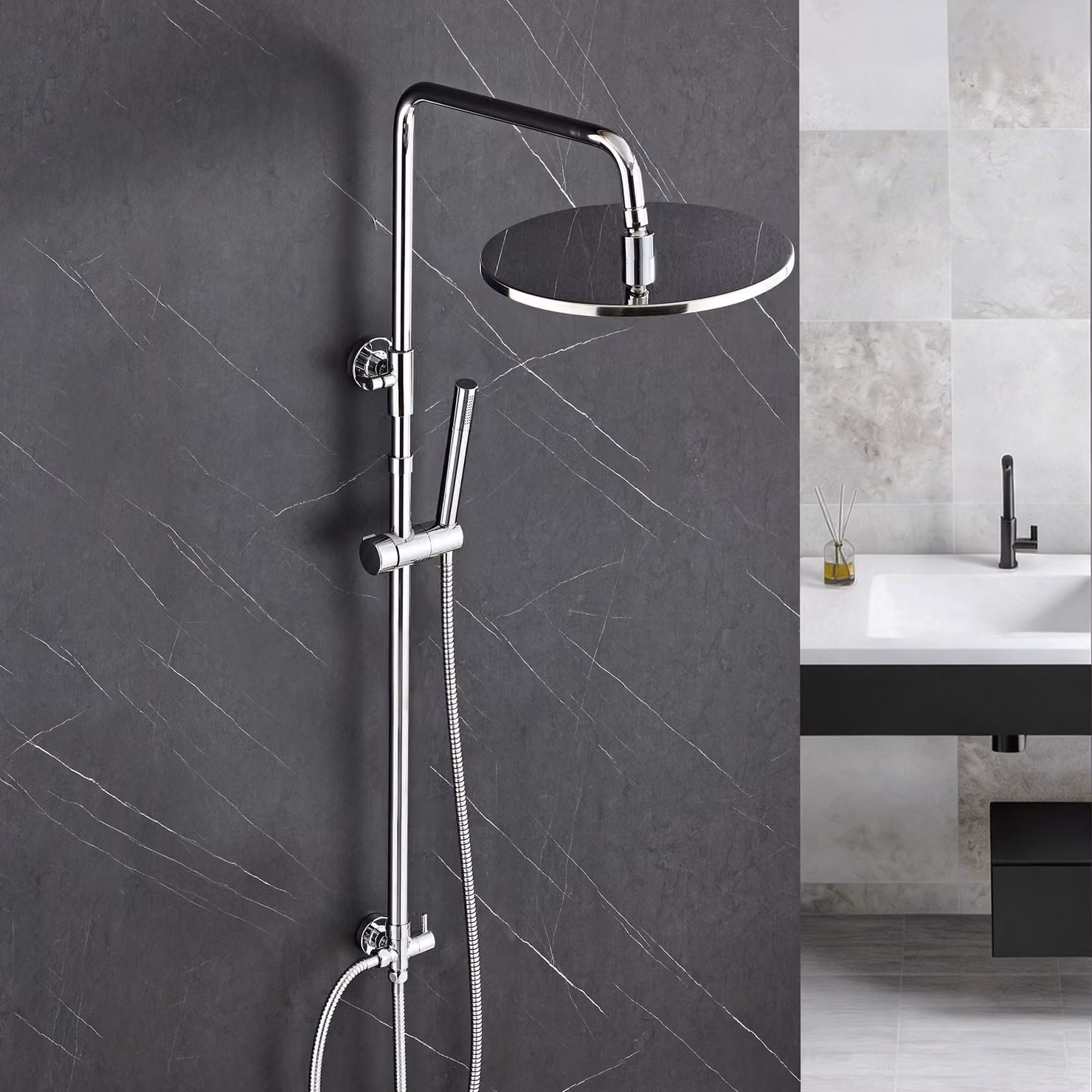 Sistema doccia JOHO in acciaio inossidabile senza rubinetteria, set doccia a pioggia cromato a risparmio idrico, asta doccia regolabile in altezza da 74 a 114 cm, soffione da 20 cm