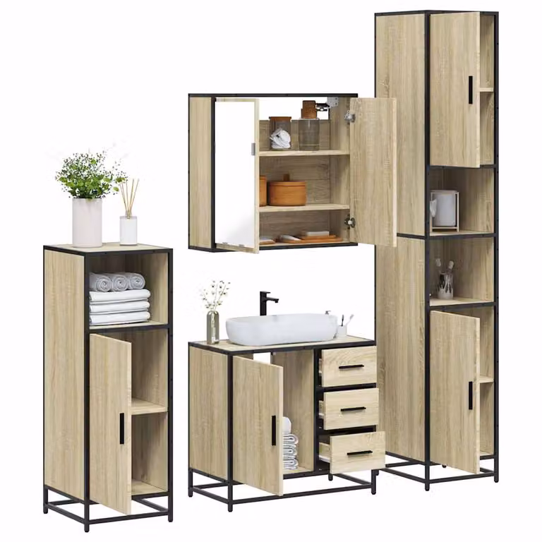 Set di mobili da bagno industrial vidaXL 4 pezzi in legno e metallo marrone con armadietto specchio, mobile lavabo, mobile laterale e colonna alta