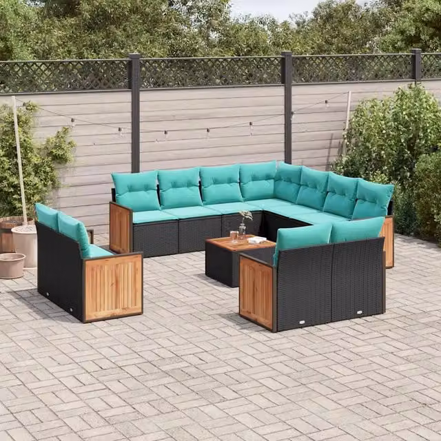 Set di Divani da Giardino a Forma di U vidaXL in Polyrattan con Cuscini e Tavolino da Caffè, Colore Nero, Blu e Turchese
