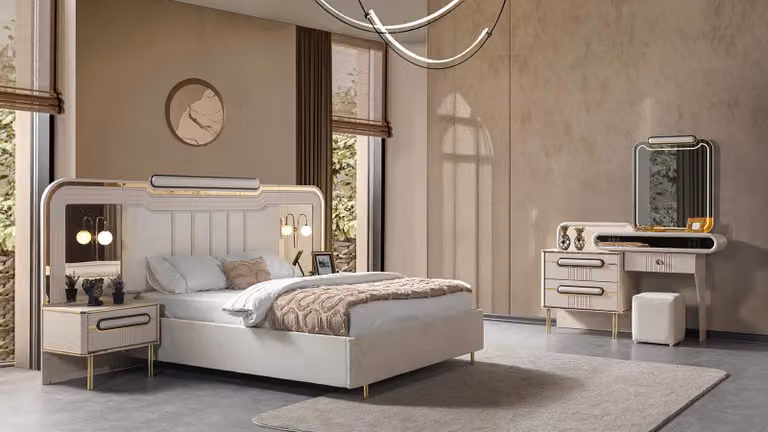 Letto, 2 comodini, cassettiera, camera da letto, stile moderno, colore bianco, pratico
