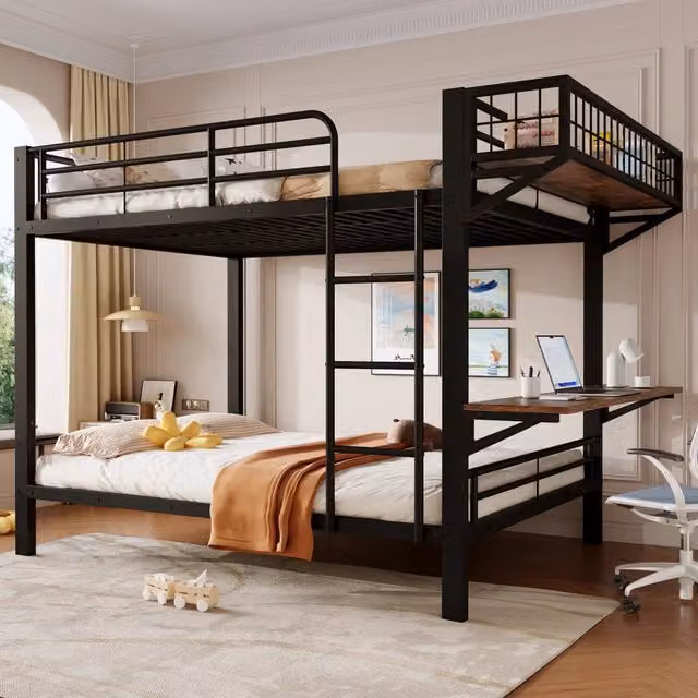 Letto a castello 140 x 200 cm; scrivania; scomparto contenitore aperto; sponde di sicurezza; scala; struttura in metallo; nero