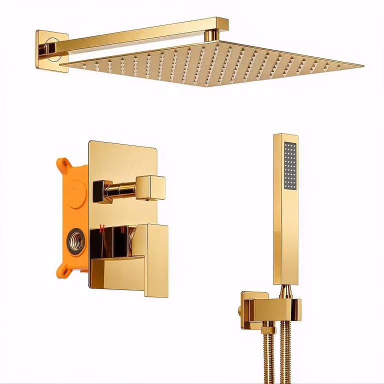 Set doccia da incasso con soffione a pioggia da 25 cm, finitura dorata lucida