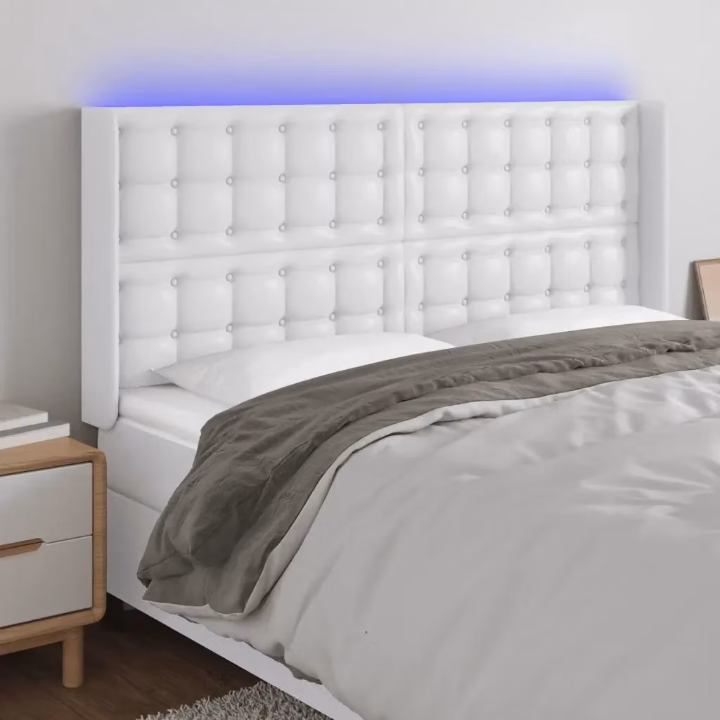 Testata del letto con illuminazione LED e porta di ricarica USB in similpelle bianca, L: 147 cm, P: 16 cm, H: 118-128 cm – 2