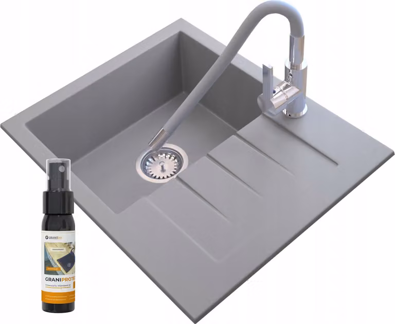 Granitan - Lavello in granito - Lavandino 57,4x46,4 cm - Lavello bianco - con miscelatore - MILANO