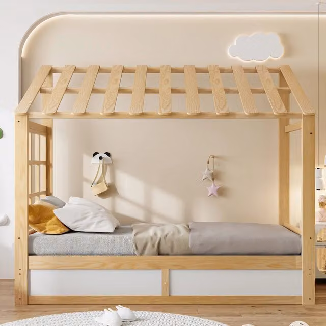 Letto a Casetta 90x200 cm per Bambini con Contenitore Idraulico; Tetto e Finestra; Legno e Bianco