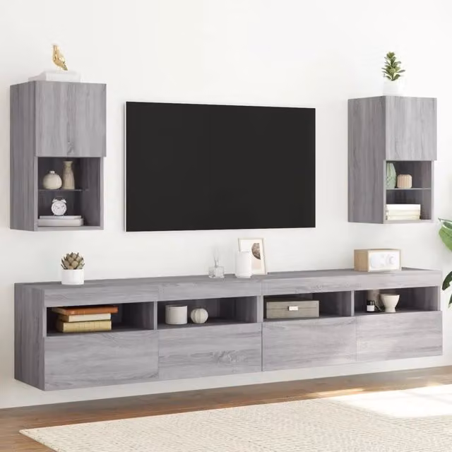 Set di 2 Credenze per TV Moderno DESIGN IN in Legno Grigio con Luci LED Integrate, da Appendere al Muro, L/P/H: 30,5 x 30 x 60 cm