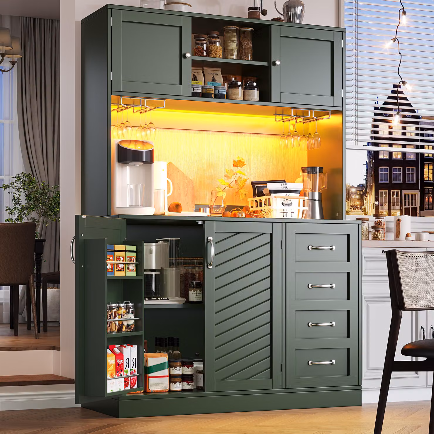 Credenza da cucina Flieks con illuminazione a LED, portabottiglie, 4 ante e 2 grandi cassetti, credenza 120x40x188 cm, mobile da buffet, verde