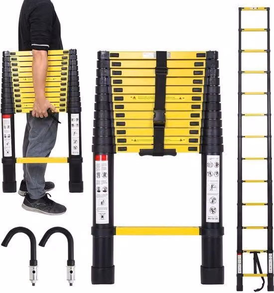 Ladder Telescopica Soft Close - Altezza di Lavoro 3,8 m - Giallo Nero con Gancio
