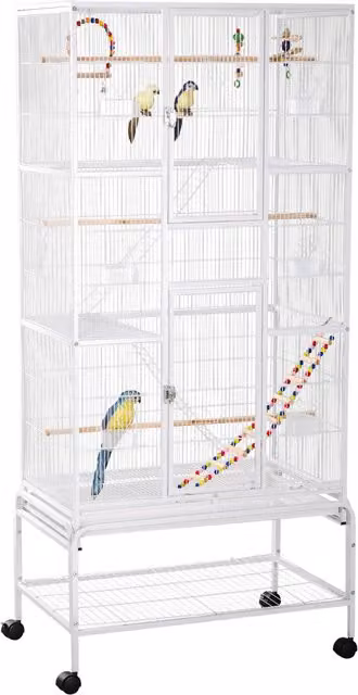 Gabbia per uccelli PawHut in acciaio e plastica con posatoi, giochi, contenitori per cibo e vassoio, Bianco, H 180 x L 83 x P 53 cm