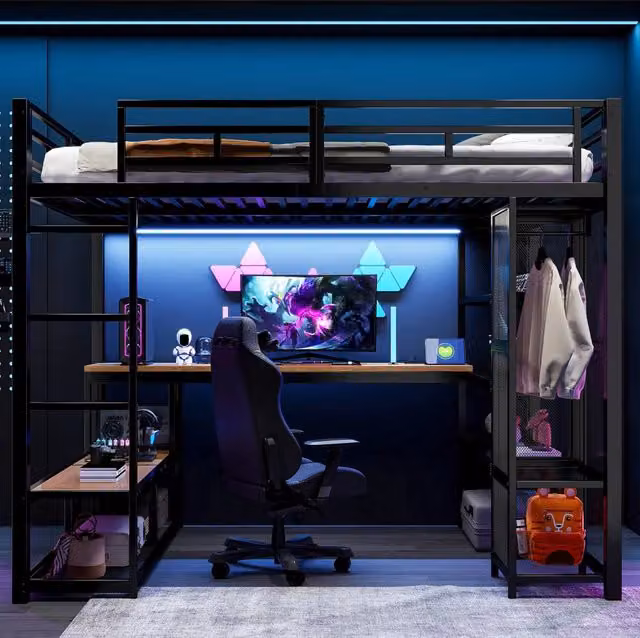 Letto a soppalco 140x200 cm con scrivania; ripiani; LED e guardaroba aperto in metallo nero