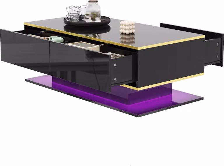 Tavolino Moonbite, finitura lucida, 100 cm, tavolino da soggiorno con 3 cassetti e ripiano, decorazioni dorate, facile da pulire, colore nero