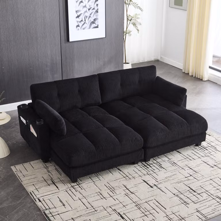 DIVANO MODULARE MODFU: Divano modulare rivestito in tessuto corduroy, divano a due posti con prese USB, portabicchieri e tasche laterali, divano moderno e confortevole, divano letto, colore nero