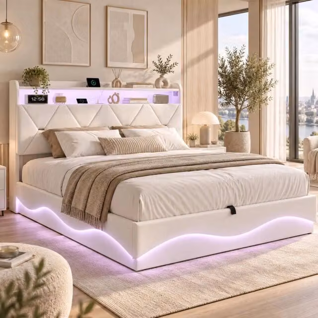 Letto Contenitore Matrimoniale 140x200 cm; Letto imbottito con LED e USB; Letto idraulico con Rete a doghe e Testiera con Contenitore; Veluto; Beige