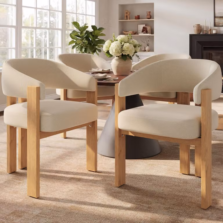 Set di 4 sedie da pranzo ergonomiche Flieks, con imbottitura spessa, gambe in ferro robusto e aspetto in legno. Ideali come sedie da cucina o poltrone, disponibili nei colori beige e naturale