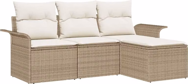 Set Divano da Giardino con cuscino 4 pcs Beige Poly Rattan