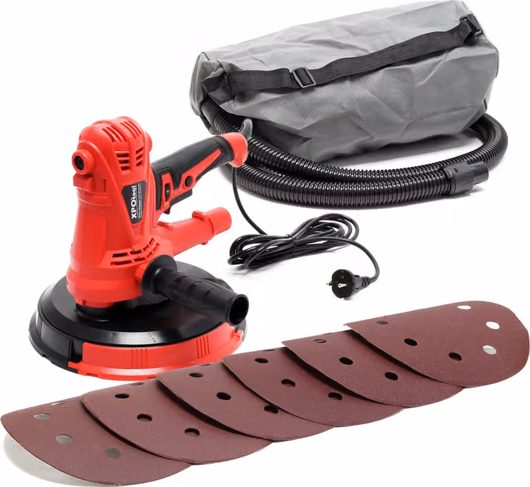 Levigatrice per cartongesso Wiltec 1280 W, levigatrice per pareti, levigatrice per soffitti con disco di levigatura da 215 mm, levigatrice con aspirazione della polvere e accessori completi