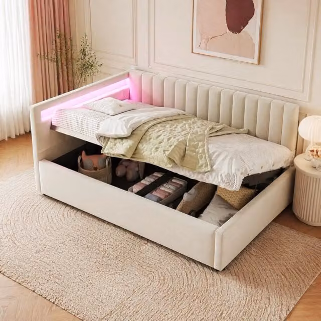 Letto singolo imbottito 90 × 200 cm con vano contenitore idraulico in velluto beige con luci LED