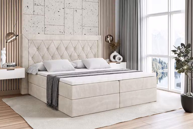 Letto boxspring ALTDECOR con materasso (altezza 20 cm) e topper (altezza 4 cm), letto imbottito con testiera e contenitore - NOEL - 140x200 - H3 / velluto color taupe