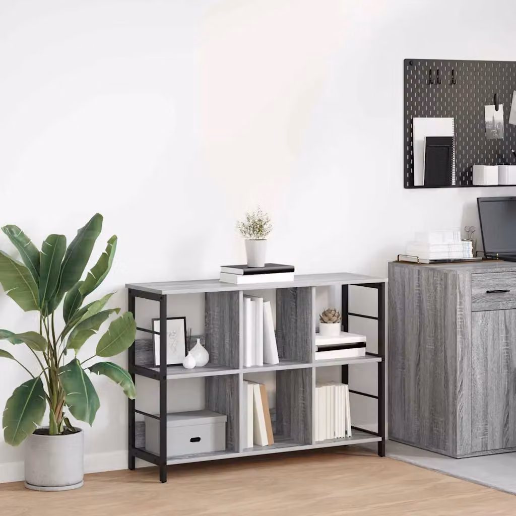 Libreria vidaXL in stile industriale con 6 livelli, colore grigio, in legno e metallo, L 102 cm x P 32 cm x H 72,5 cm