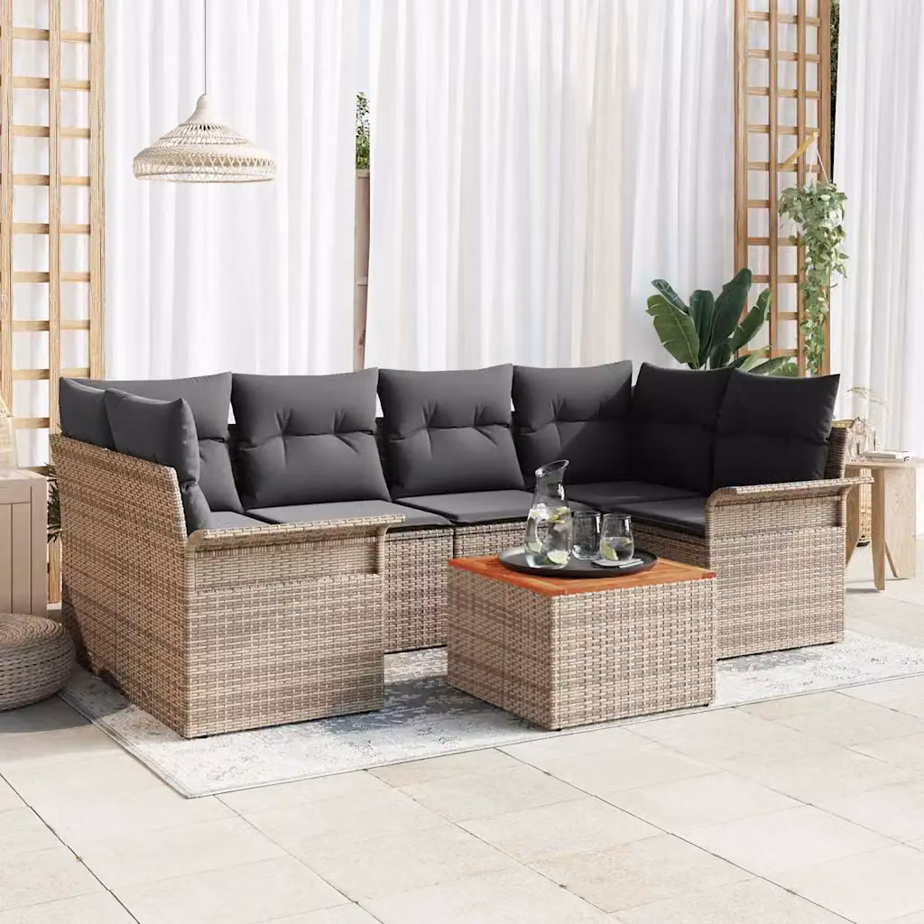 Set Divano da Giardino vidaXL 7 Pezzi in Polyrattan Grigio con Cuscini e Tavolino – 1