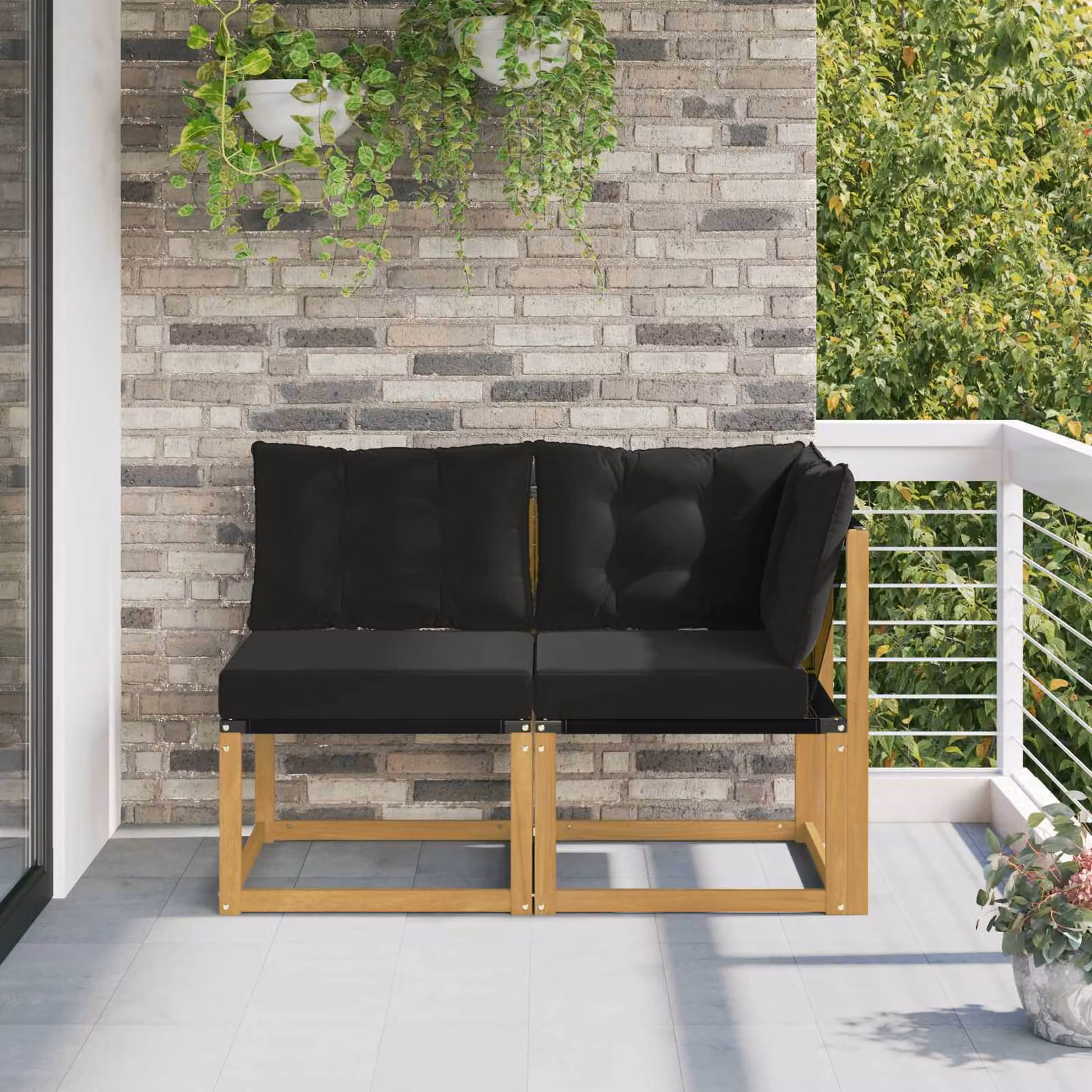 Set di 2 divani modulari da esterno vidaXL con struttura in legno di acacia e sedute in tessuto textilene bianco