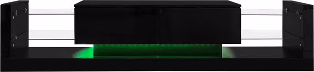 Mobile TV nero lucido con illuminazione LED, 181 cm per TV fino a 80 pollici con ante in vetro e due cassetti ribaltabili