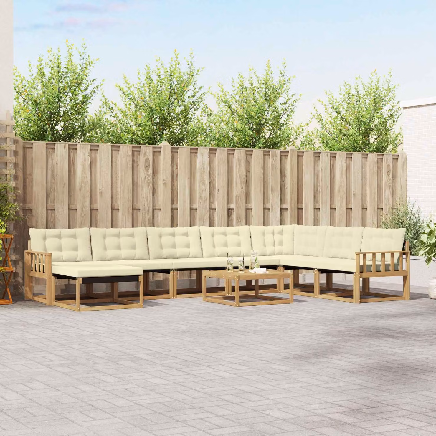 Set di divani da esterno vidaXL 9 pz in legno di acacia con cuscini bianchi e beige
