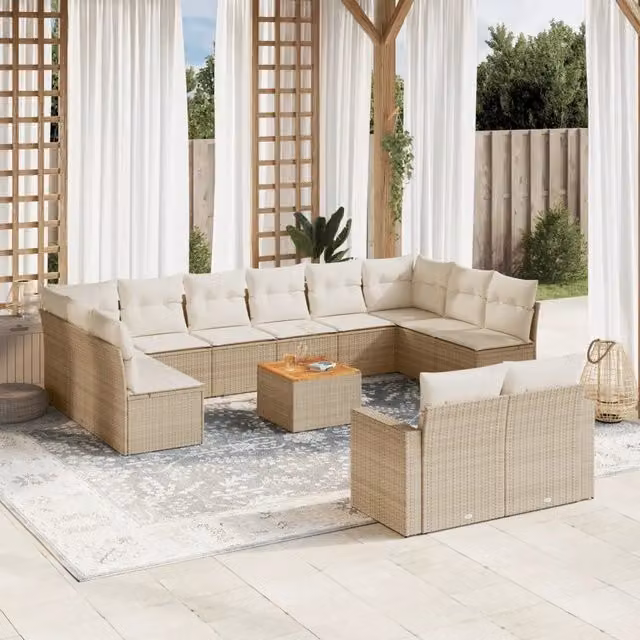 Set Divano da Giardino VIDAXL a Forma a U in Polyrattan con Cuscini Beige, 13 Pezzi