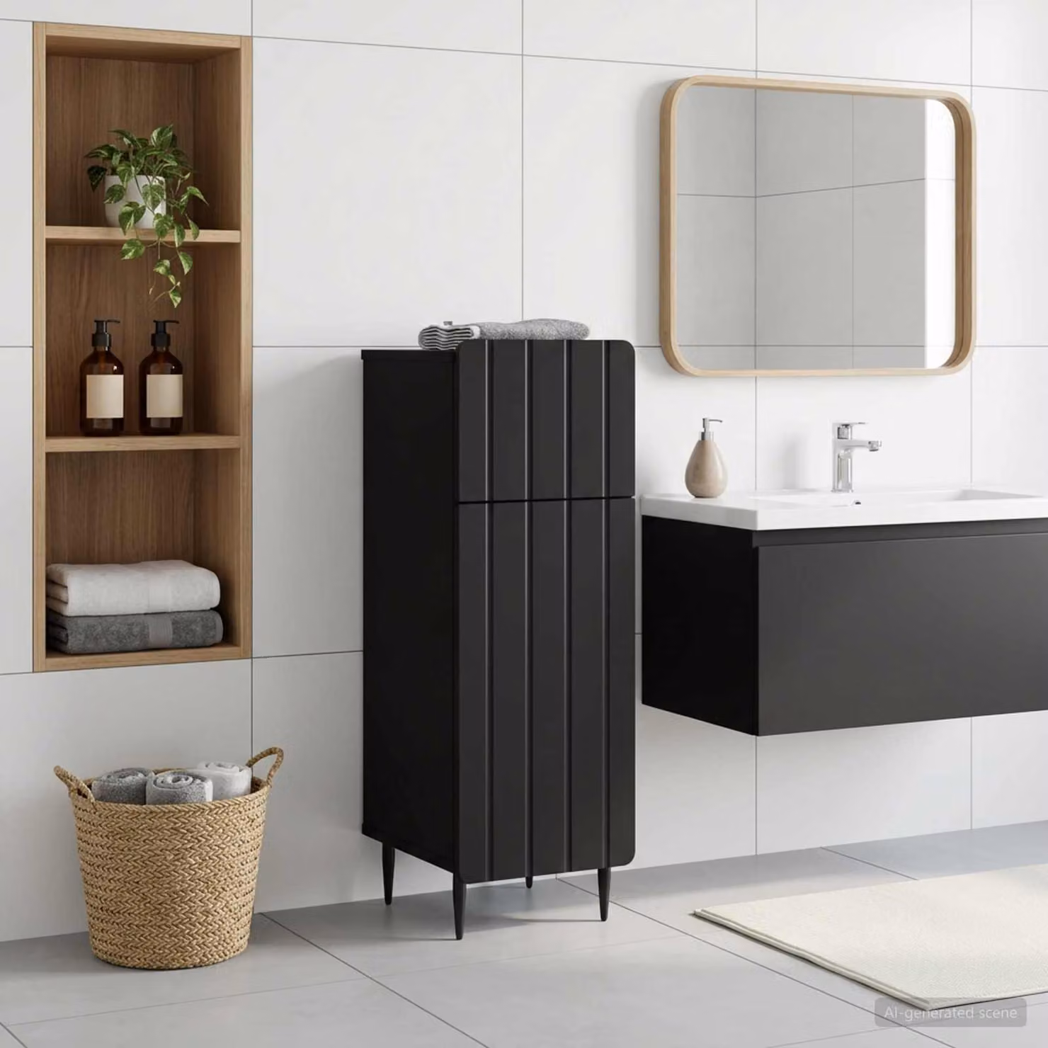 Mobiletto da bagno moderno vidaXL ZWOLLE nero con ante a cerniera e ripiani interni L/P/H: 30 x 31 x 79,5 cm